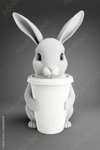 coffee mug mockup with rabbit on grey background. AI Generated mockup of a cartoonish rabbit hold coffee mug. Blank Cup mock up. © shevtsovy