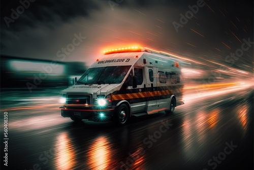 ambulance racing through the rain on a stormy night, ai generated