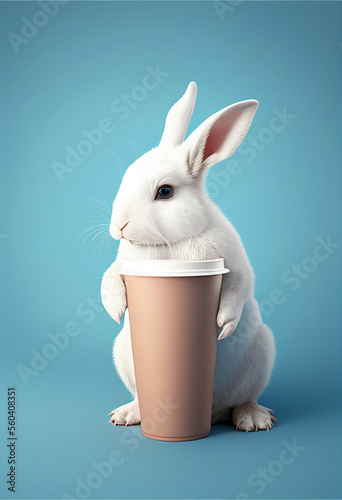 rabbit holding coffee mug mockup with rabbit on blue background. AI Generated mockup of a cartoonish rabbit hold coffee mug. Blank Cup mock up. © shevtsovy