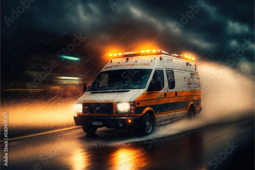 ambulance racing through the rain on a stormy night, ai generated