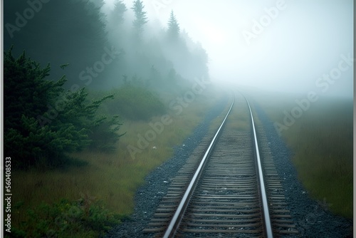 closeup of Single rail track, fog, ai generated