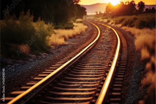 closeup of Single rail track, sunset, ai generated