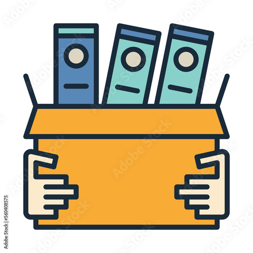 Office accessories in cardboard box in hand. Book, notebook, tape file. Office supplies stationery and education. Vector illustration flat style