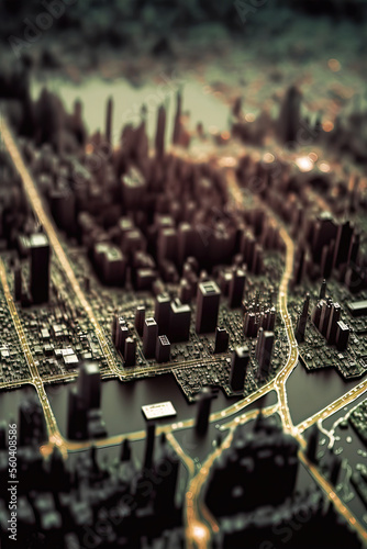 Abstract bokeh illustration of a golden intricate minimal map of New York city. A futuristic visual tech adventure, discovery, navigation, communication, geography, transport and travel theme