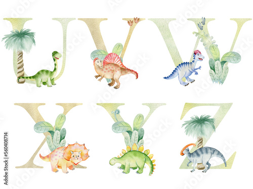 Watercolor dinosaurs letters for invitation card  nursery poster and other. Png with transparent background.