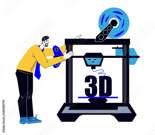 Engineer printing a three-dimensional object using 3d printer, flat vector illustration isolated on white backgrounds. 3D printing or additive manufacturing technology.