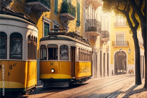 Tradycyjni żółci tramwaje na ulicie w Lisbon, Portugalia