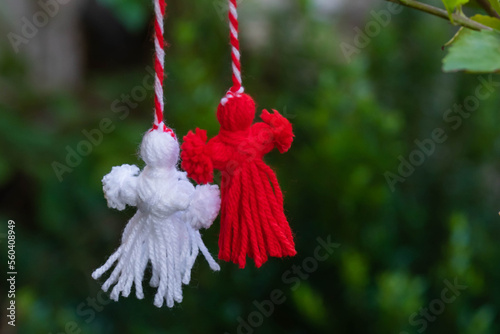 Traditional Martisor on green tree branch - symbol of 1 March, Martenitsa, Baba Marta, beginning of spring and seasons changing in Romania, Bulgaria, Moldova. Greeting and post card for holidays. © strigana