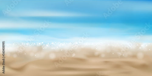 Beach sand with blue sky,Summer background of Tropical beach with sunlight sparkling on ocean water.Natural seascape with blurred horizon,Tropical seashore landscape,Vector Summer vacation on seaside