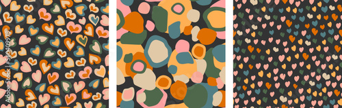 3 minimalistic, simple patterns with hearts and spots on a dark background. Perfect as gift wrapping, wallpaper, gift papers, clothing, web page backgrounds and much more