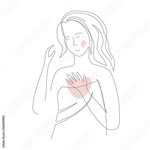 Happy woman in a towel after taking a bath. Hand drawn continuous line style vector design illustrations
