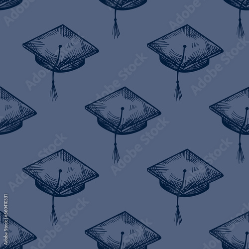 Graduate hat engraved seamless pattern. Vintage element education in hand drawn style. Sketch texture for fabric, wallpaper, textile, print, title, wrapping paper. Vector illustration.
