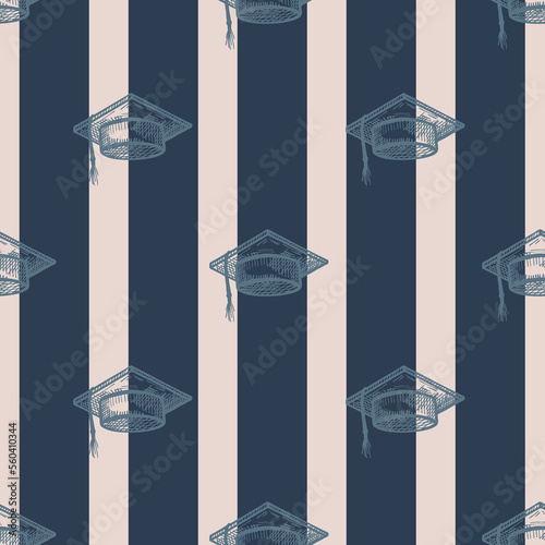 Graduate hat engraved seamless pattern. Vintage element education in hand drawn style. Sketch texture for fabric, wallpaper, textile, print, title, wrapping paper. Vector illustration.