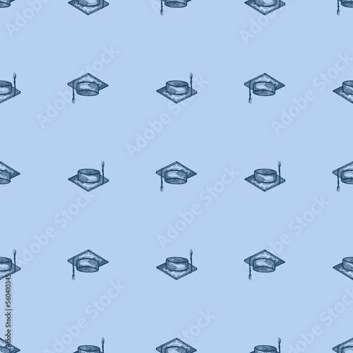 Graduate hat engraved seamless pattern. Vintage element education in hand drawn style. Sketch texture for fabric, wallpaper, textile, print, title, wrapping paper. Vector illustration.