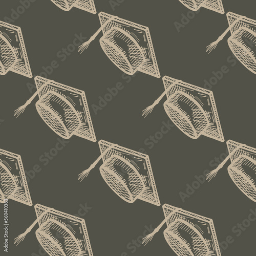 Graduate hat engraved seamless pattern. Vintage element education in hand drawn style. Sketch texture for fabric, wallpaper, textile, print, title, wrapping paper. Vector illustration.