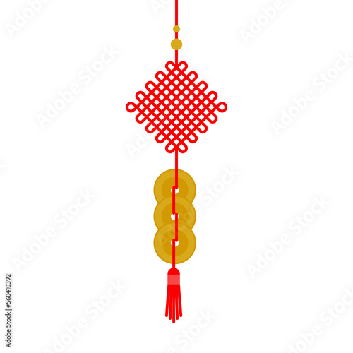 Hanging red Chinese knots amulet. Happy Chinese New Year. Year of the rabbit. 2023. Vector illustration, flat design