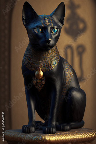 Portrait of an ancient Egyptian black cat with golden ornaments. Ancient Egyptian goddess Bastet. AI