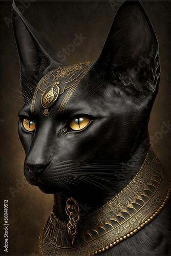 Fotografia Portrait of an ancient Egyptian black cat with golden ornaments