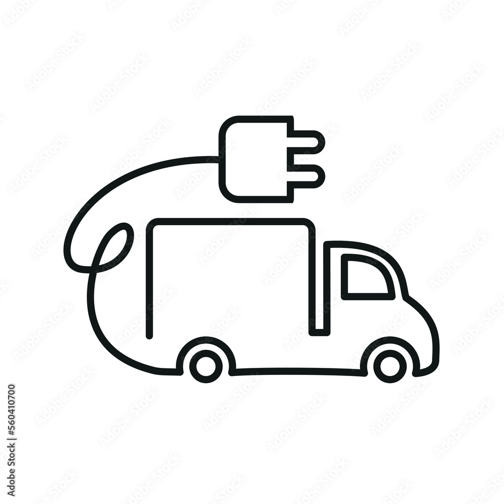 Truck and van icon with a wire with a socket for charging. Electric car icon in thin lines Truck and van icon with a wire with a socket for charging. Electric car icon in thin lines