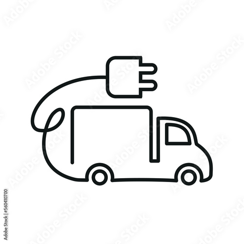 Truck and van icon with a wire with a socket for charging. Electric car icon in thin lines