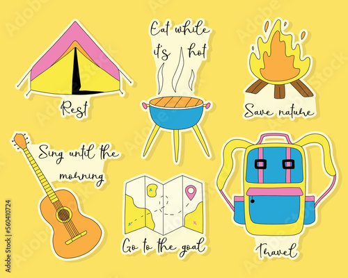 A set of stickers for camping and hiking in y2k style. Travel stickers collection. Vector illustration. Retro style.