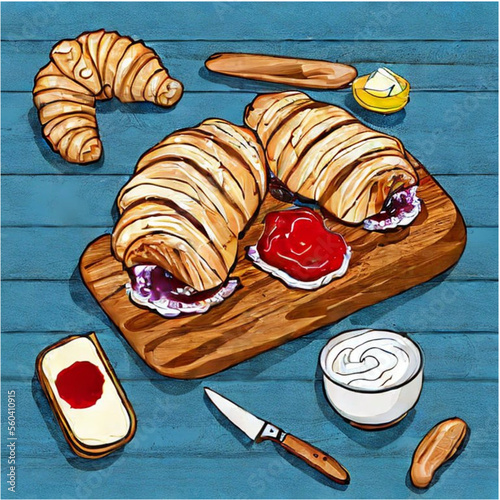 Französischer Frühstück mit Croissants, Butter und Marmelade