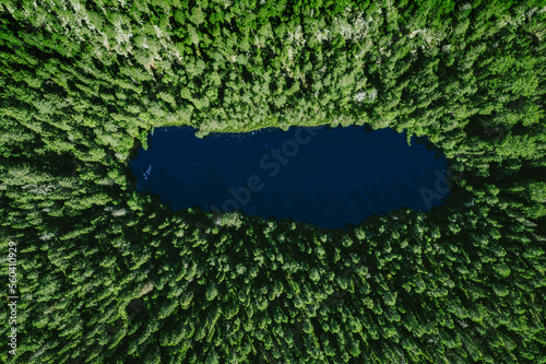фотография Aerial view of green wild forest and deep blue lake in Finland