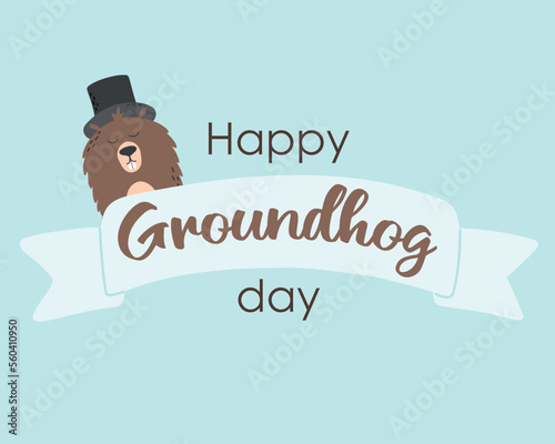 Groundhog Day. Groundhog day card. The groundhog got out of the hole. Groundhog day lettering.Vector illustration. Flat hand drawn style.