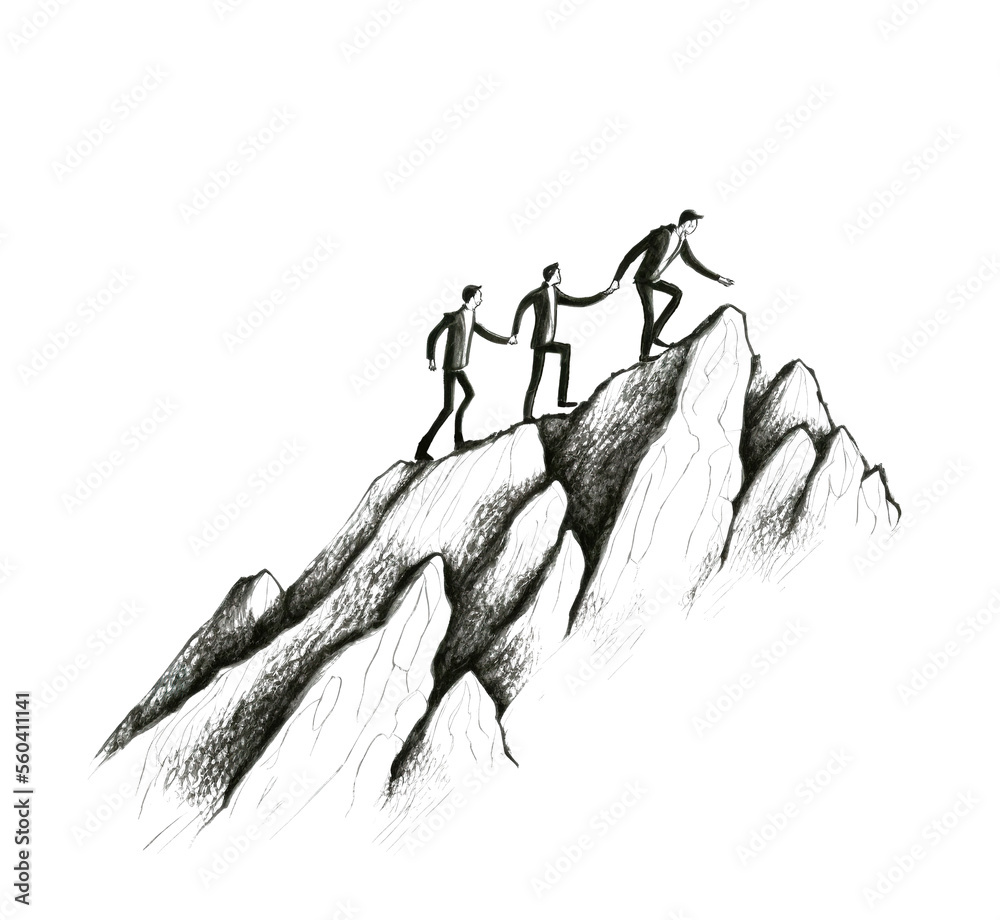   People helping each-other hike up a mountain, Giving a helping hand, and active fit lifestyle concept  , Generative AI illustration