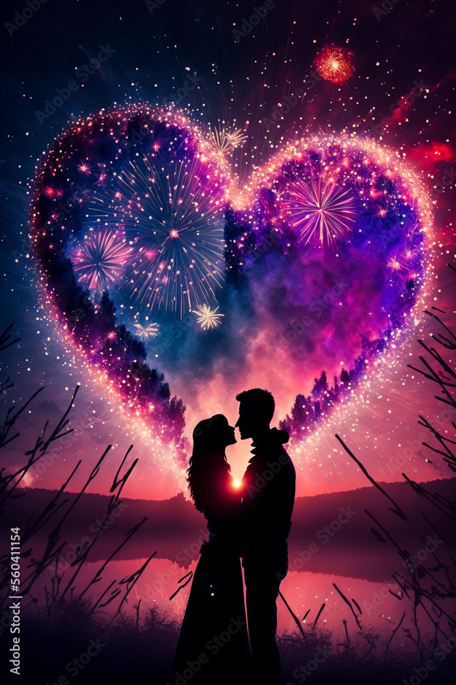 Couple in embrace under heart shape made out of fireworks  , Generative AI illustration