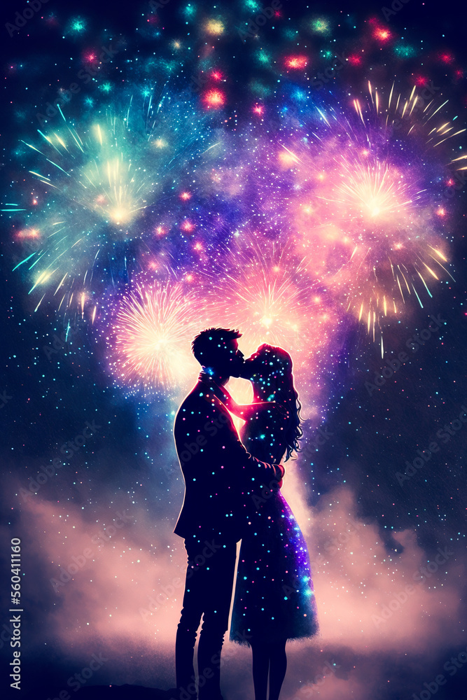 Romantic Couple  kissing under heart shape made out of fireworks  , Generative AI illustration