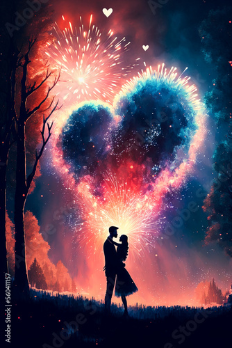 Couple in embrace under heart shape made out of fireworks , Generative AI illustration
