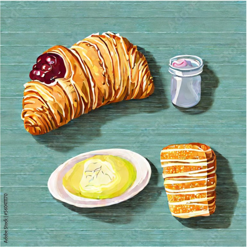 Französischer Frühstück mit Croissants, Butter und Marmelade