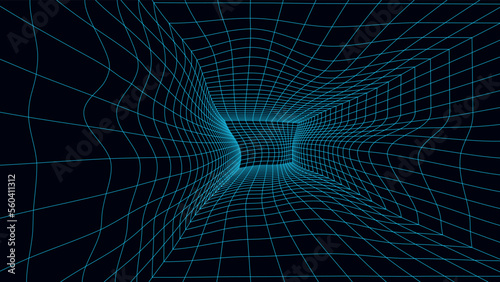 Wireframe deformed room on the white background. Optical illusion. Vector perspective glitch grid. Box with digital space.