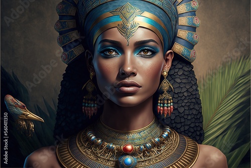 Portrait of an ancient Egyptian goddess. Beautiful young girl with the style of ancient Egypt. AI photo