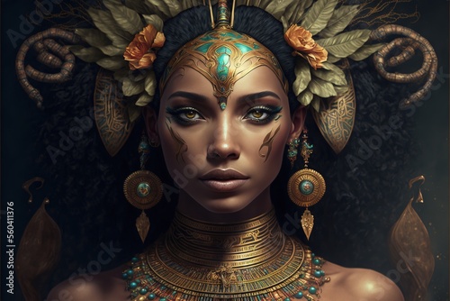 Portrait of an ancient Egyptian goddess. Beautiful young girl with the style of ancient Egypt. AI