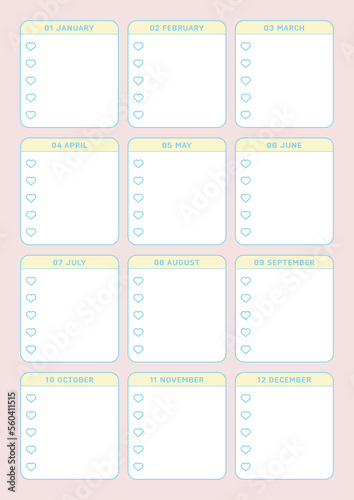 A yearly calendar template in a colorful and cute style. Note  diary  planner  calendar design template.