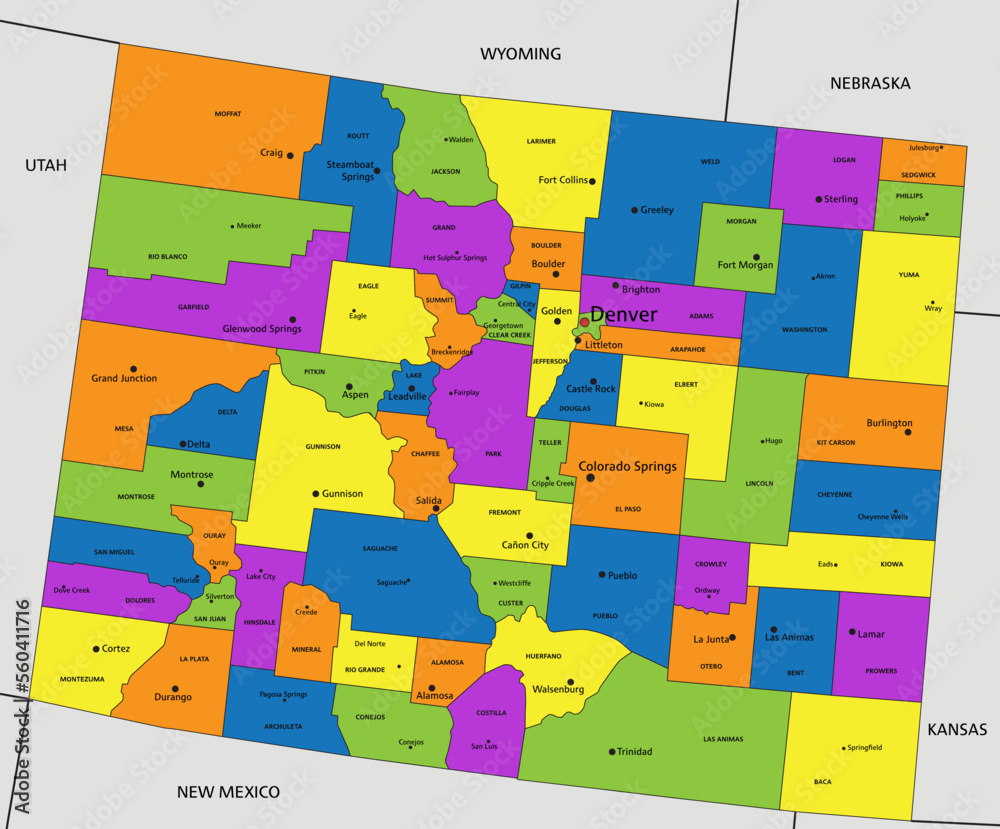 Colorful Colorado political map with clearly labeled, separated layers ...