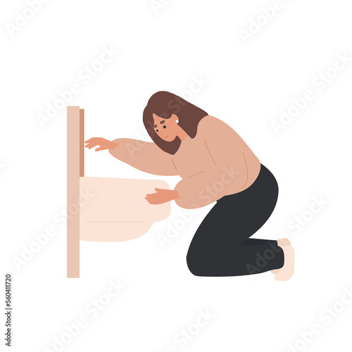 Depressed Bulimic Girl Bulimia Nervosa - Woman vomiting in bathroom. Cartoon Woman Nutrition Disorder Bulimia.  photo