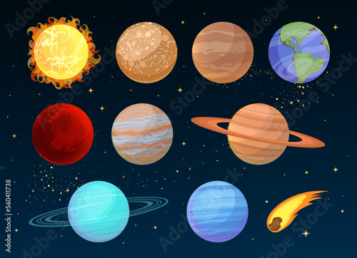 Cartoon Solar System planets collection, set. Sun, Mercury, Venus, Earth, Mars, Jupiter, Saturn, Uranus, Neptune comet icons isolated on starry sky background. Vector outer space 