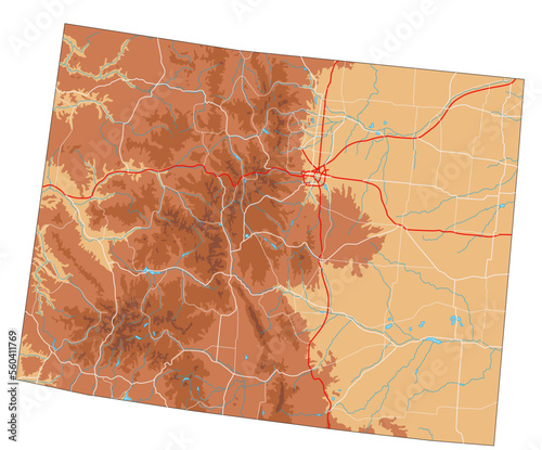 High detailed Colorado physical map.