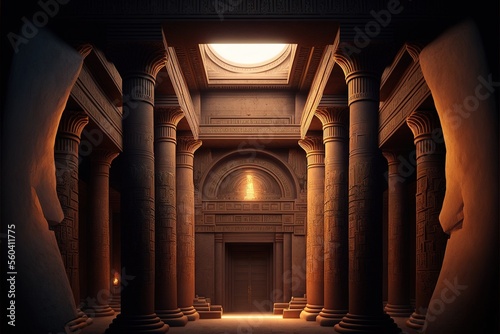 Ancient Egyptian Temple of Gods. An ancient temple with high columns, stairs, moonlight, twilight. History of Ancient Egypt. AI