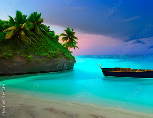 Old boat sailing next to a tropical island, generated ai artwork