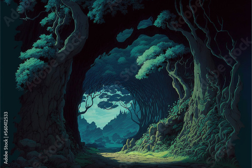 Spooky road in ancient forest. Superb anime-styled and DnD environment