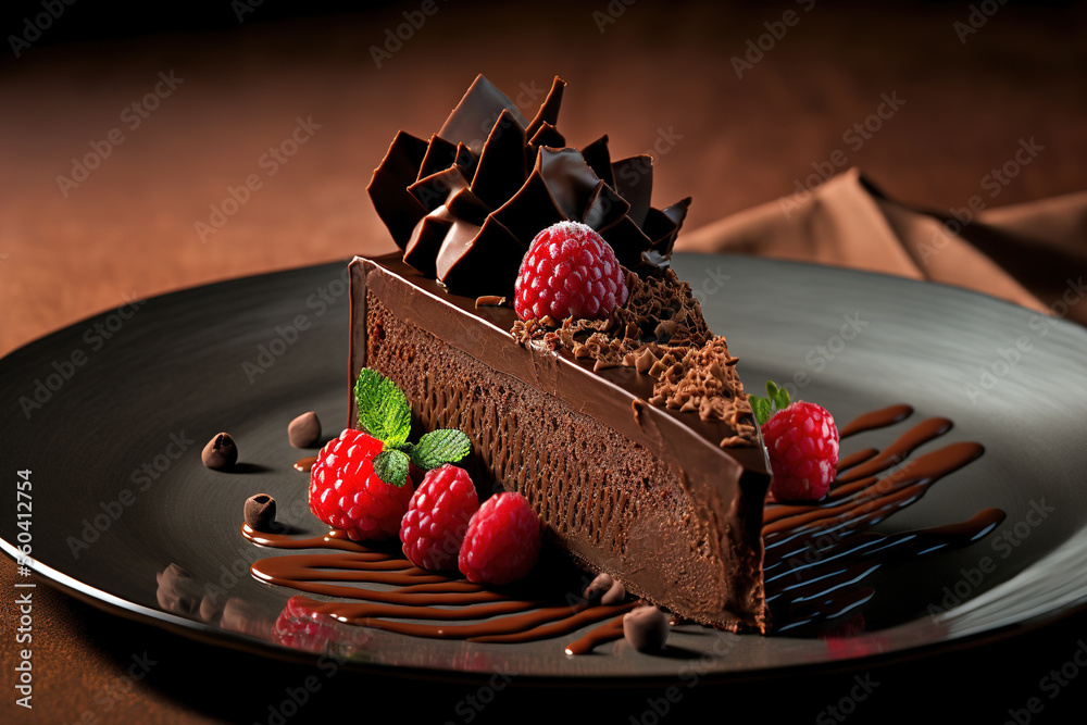 Chocolate cake slice. AI - obrazy, fototapety, plakaty 