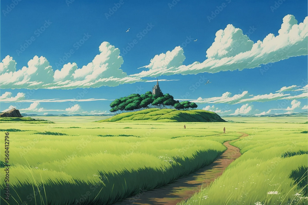 A vast open field and church on the hill. Superb anime-styled and DnD