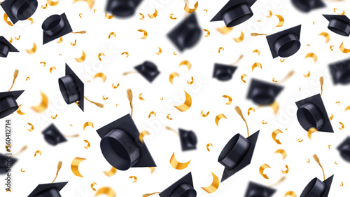 Graduation caps thrown in air. Flying graduate students hats with golden confetti, education realistic vector 3D background