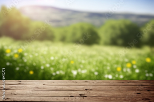 Empty wooden table surface with copy space, spring meadow background. AI