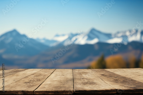 Empty wooden table surface with copy space, mountains background. AI 