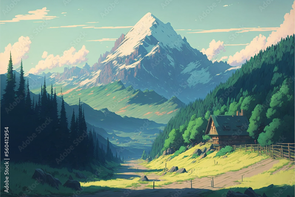 Snow-covered peak and house nearby. Superb anime-styled and DnD environment